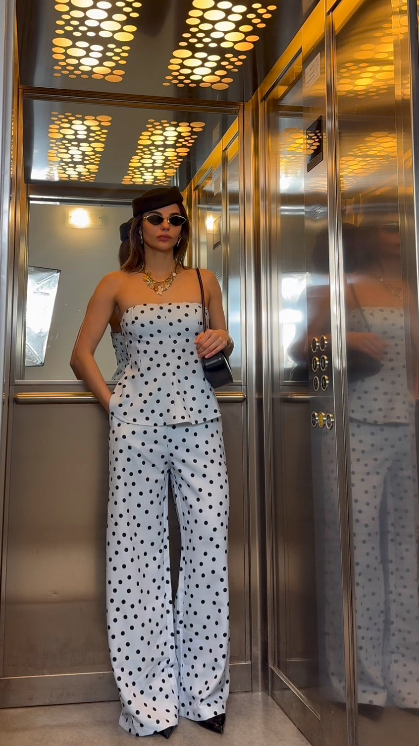 Completo top + Pantaloni Pois celeste e nero