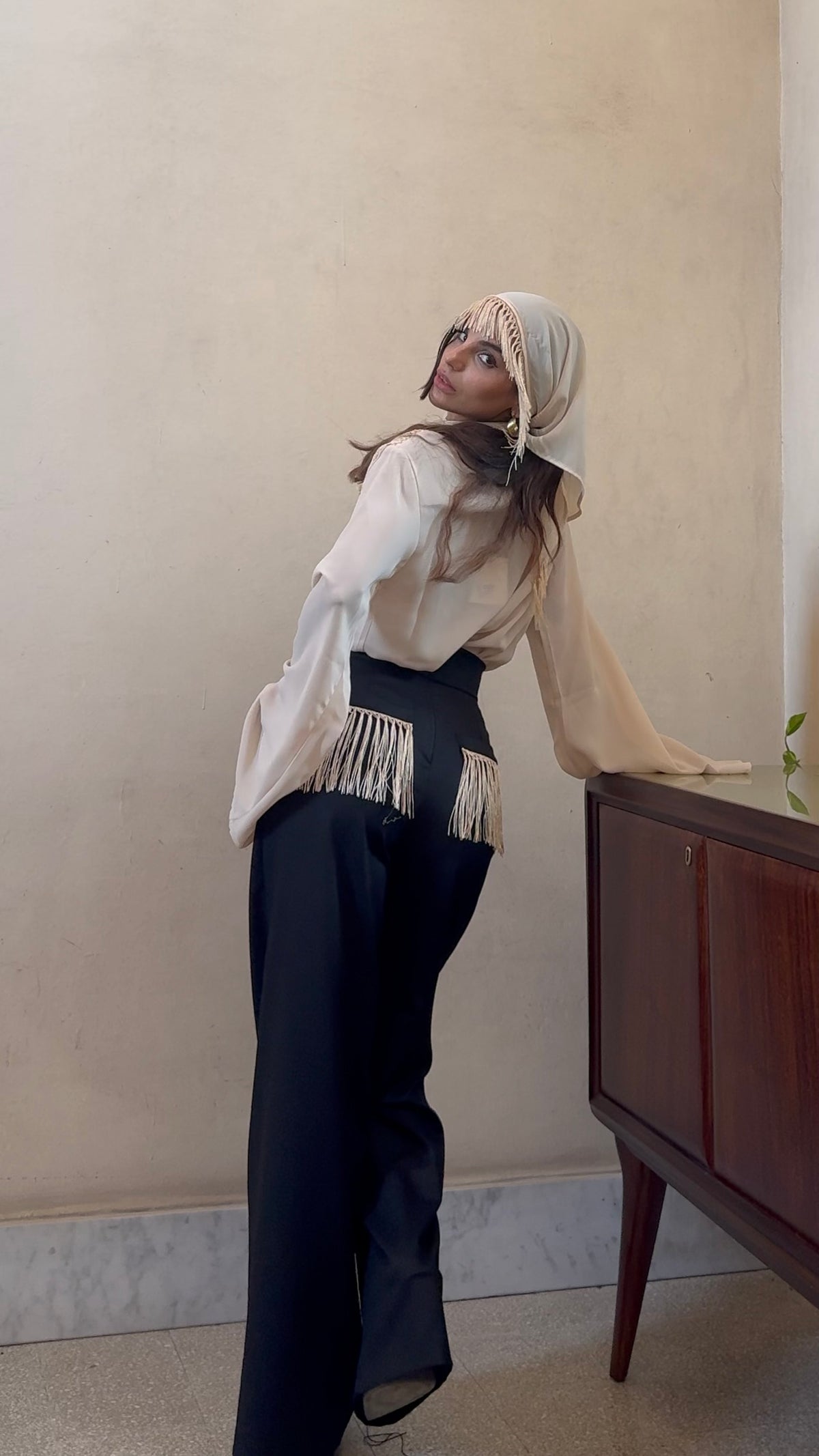 Guagliona - pantalone palazzo con frange nero e avorio 100% cotone