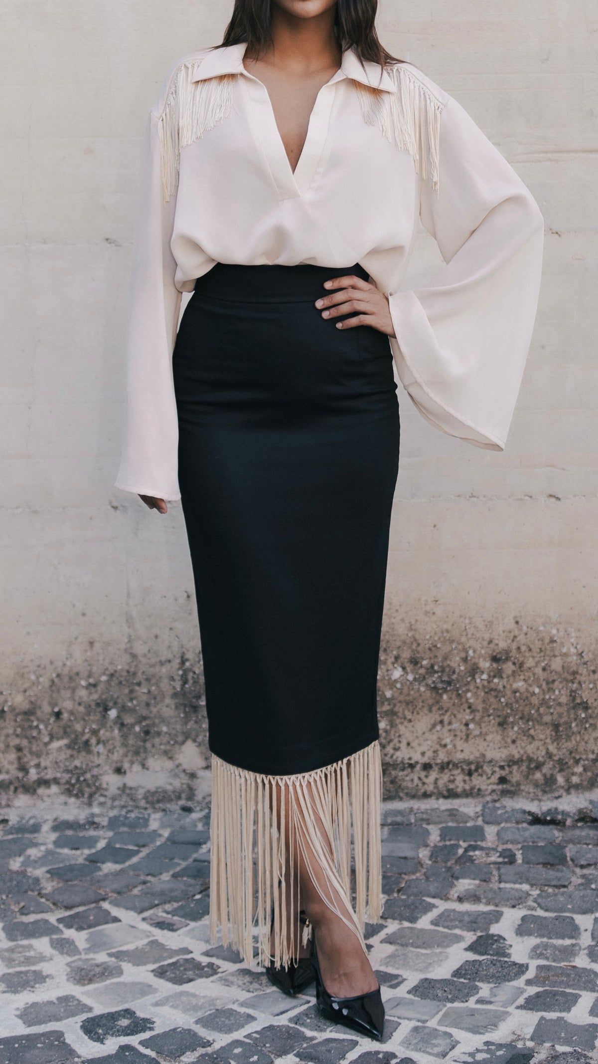 carme’- Gonna a tubino midi con frange  nero e avorio 100% cotone