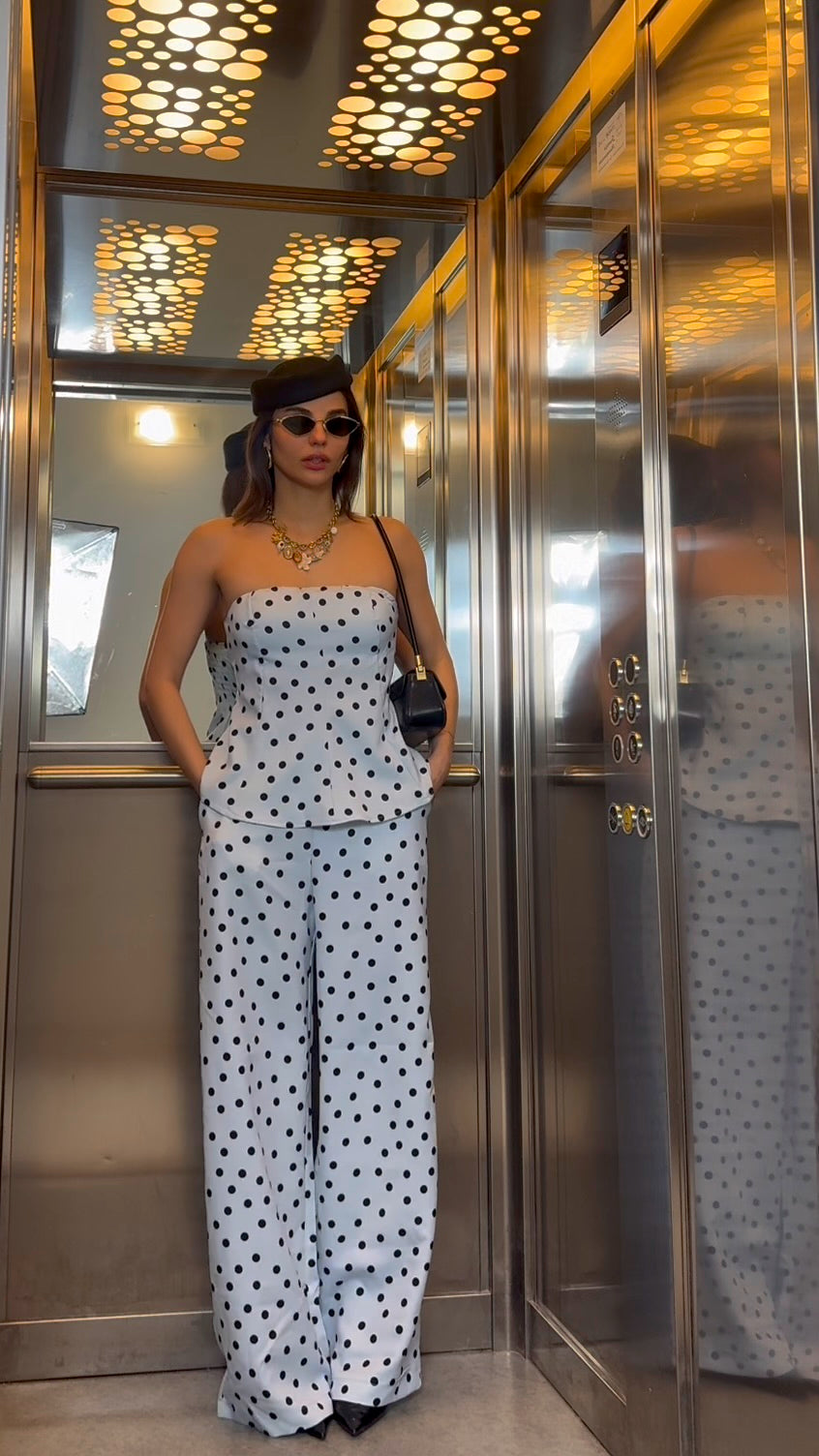 Completo top + Pantaloni Pois celeste e nero