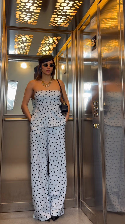 Completo top + Pantaloni Pois celeste e nero