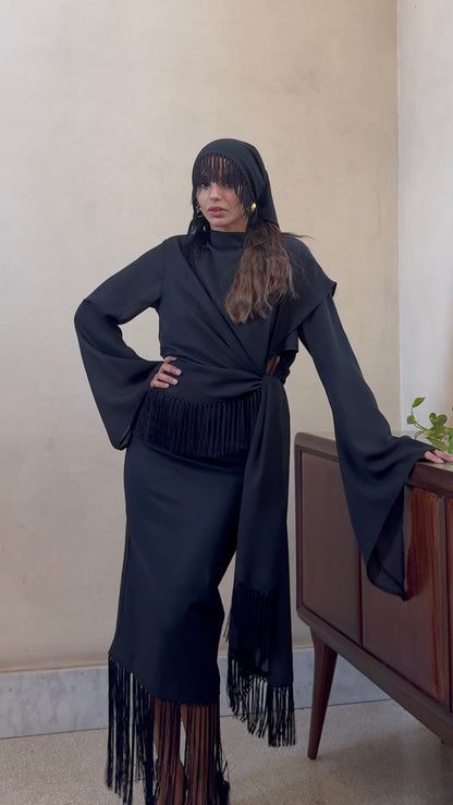 carme’- Gonna a tubino midi con frange  nero su nero 100% cotone