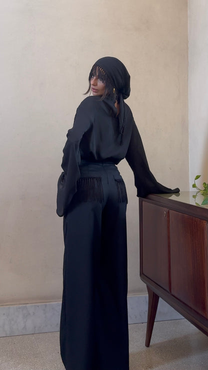 Guagliona - pantalone palazzo con frangie nero su nero 100% cotone