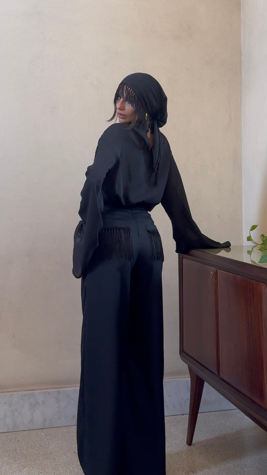 Guagliona - pantalone palazzo con frangie nero su nero 100% cotone