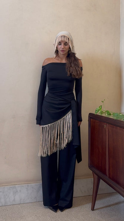 Femmena- pantalone con pannello con frange  nero e avorio 100% cotone