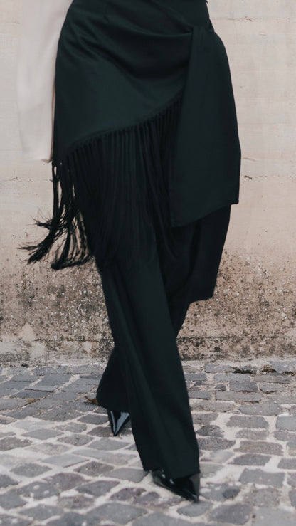 Femmena- pantalone con pannello con frange  nero su nero 100% cotone