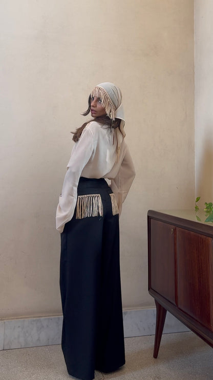 Guagliona - pantalone palazzo con frange nero e avorio 100% cotone