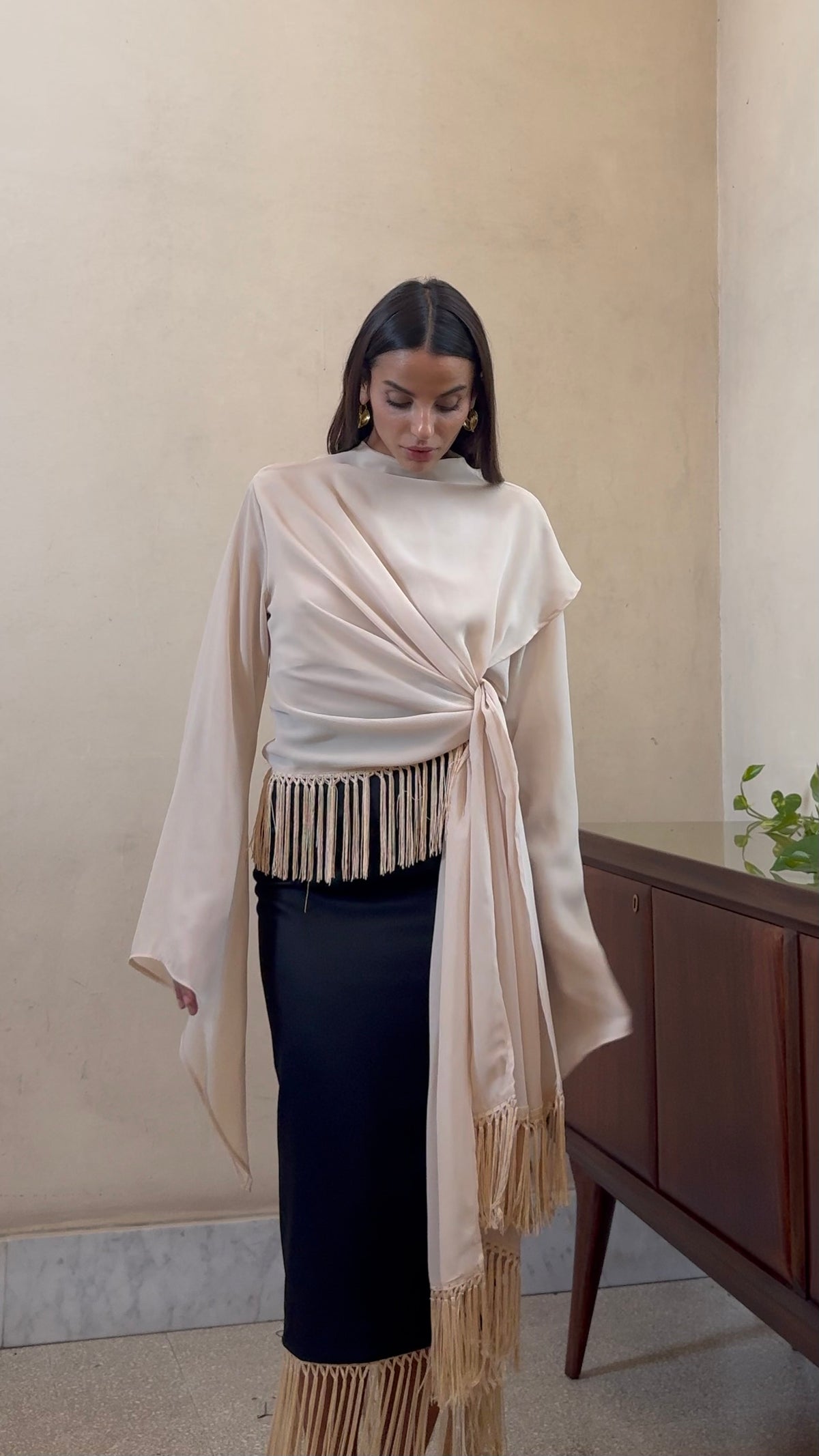 Crianza- Blusa fusciacca con frange avorio