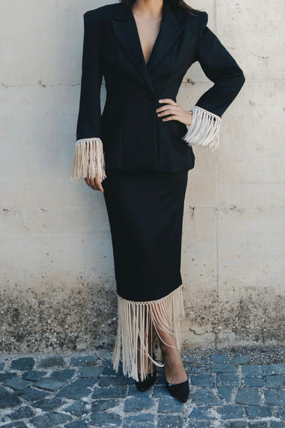Carme’- Giacca con con frange  nero e avorio 100% cotone