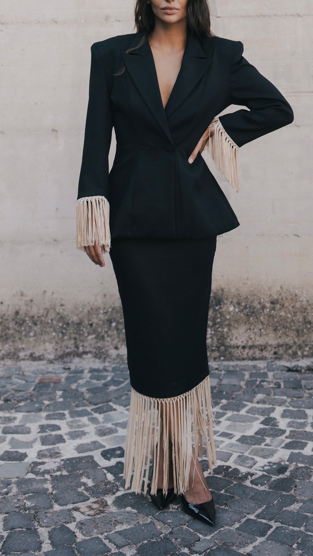 Carme’- Giacca con con frange  nero e avorio 100% cotone