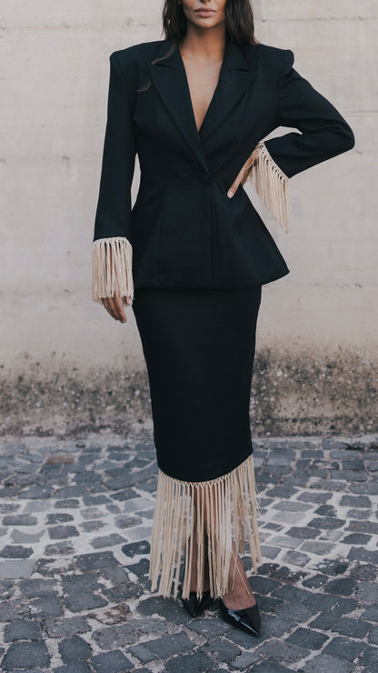 Carme’- Giacca con con frange  nero e avorio 100% cotone