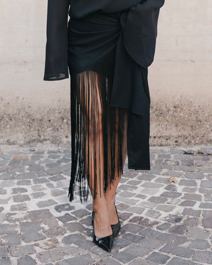Reginella- minigonna  con maxi frange Nero/Nero 100% cotone