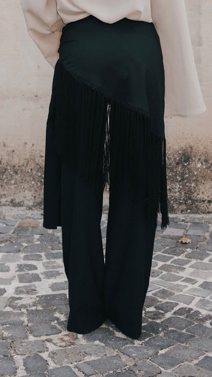 Femmena- pantalone con pannello con frange  nero su nero 100% cotone