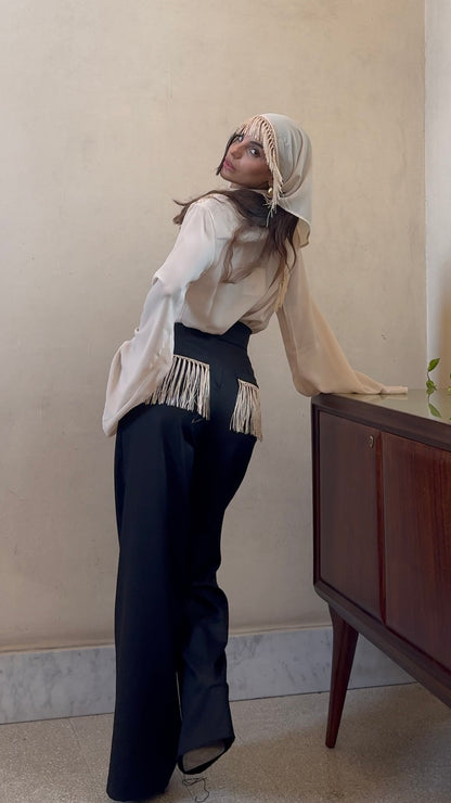 Guagliona - pantalone palazzo con frange nero e avorio 100% cotone