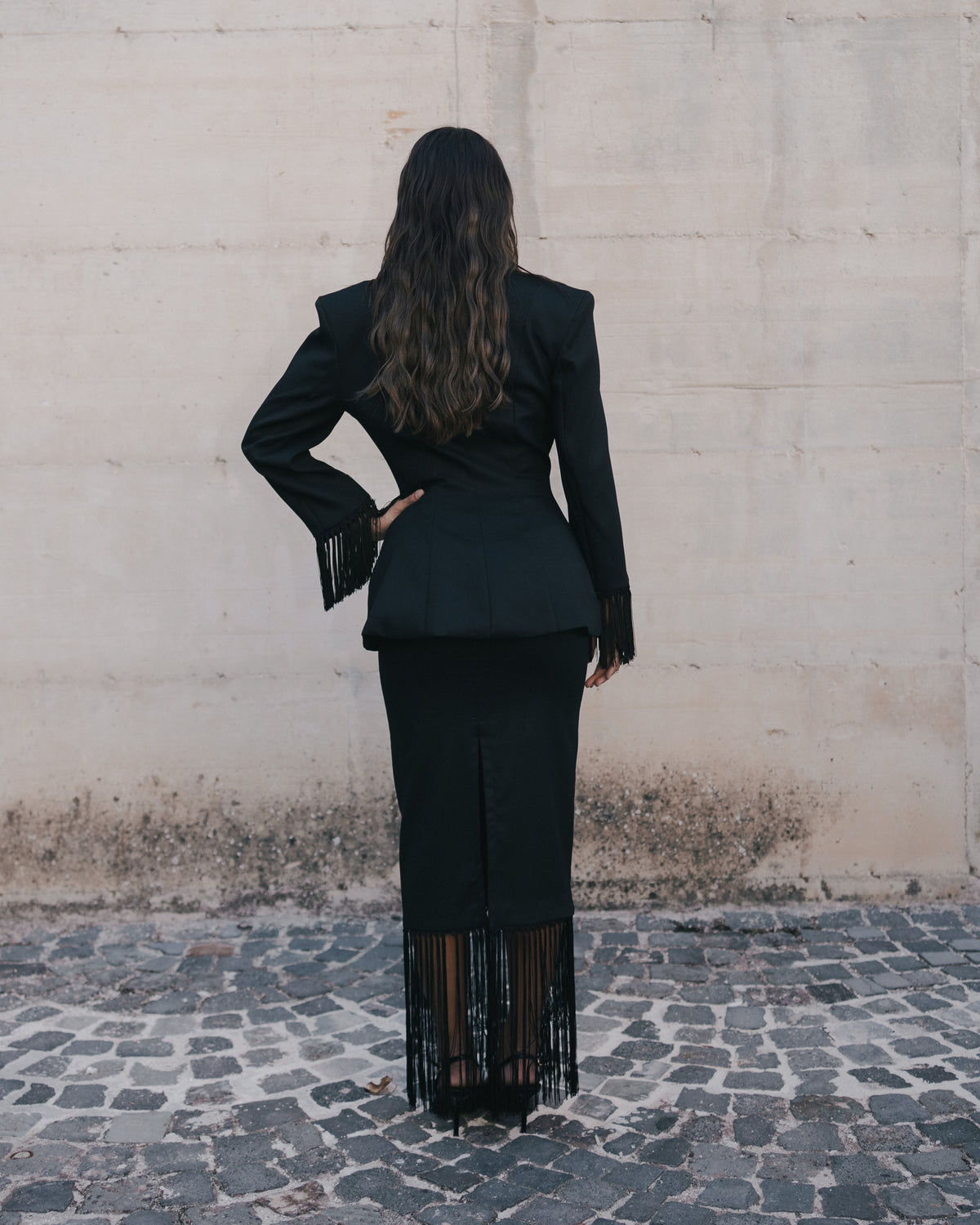 Carme’- Giacca con con frange  nero e nero 100% cotone