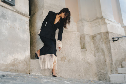 Carme’- Giacca con con frange  nero e avorio 100% cotone