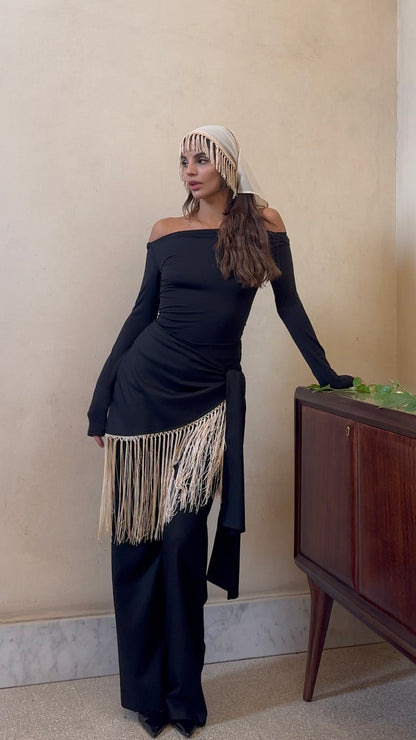 Femmena- pantalone con pannello con frange  nero e avorio 100% cotone