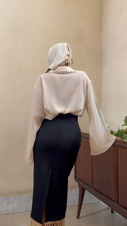 carme’- Gonna a tubino midi con frange  nero e avorio 100% cotone