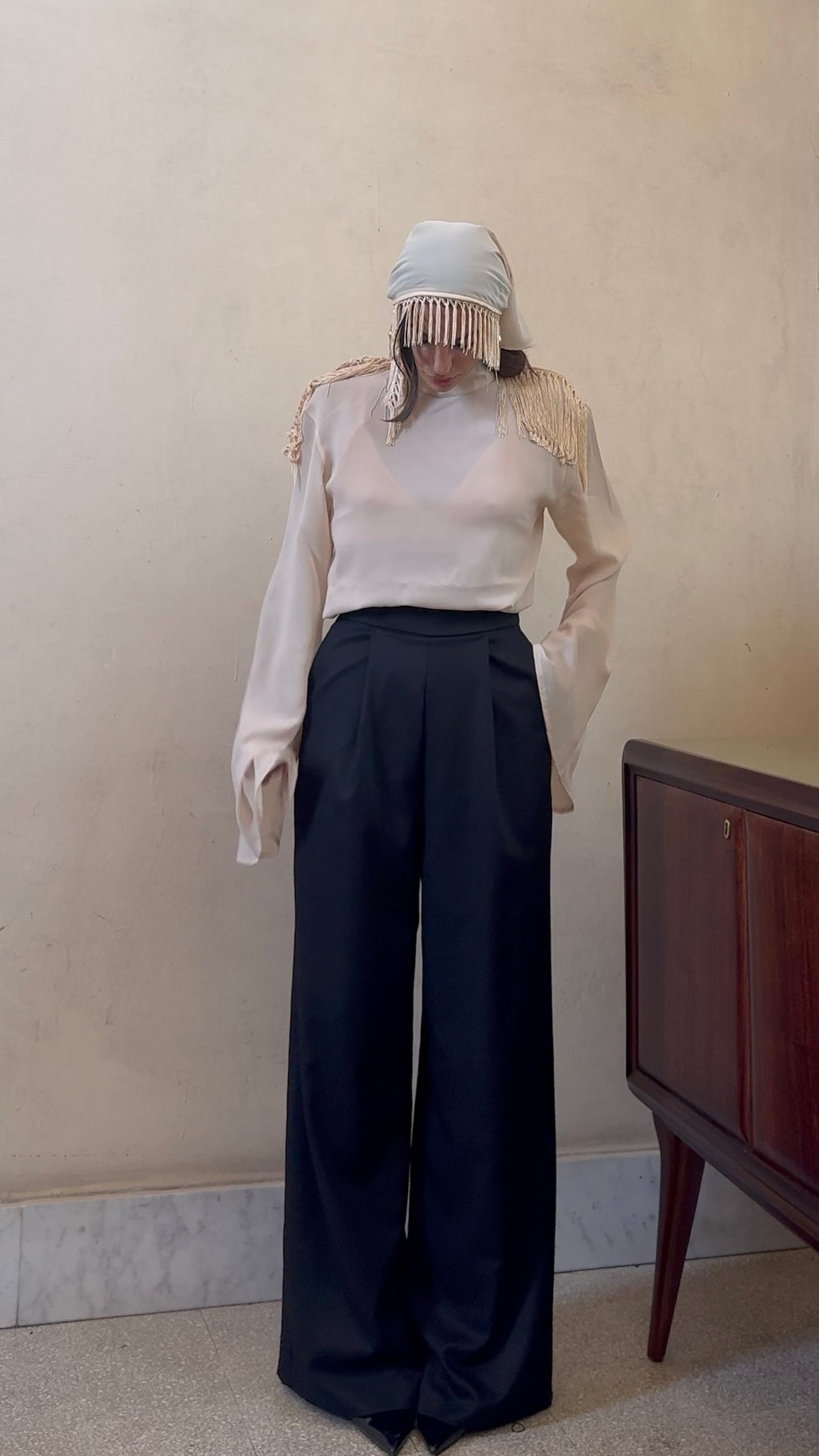 Guagliona - pantalone palazzo con frange nero e avorio 100% cotone