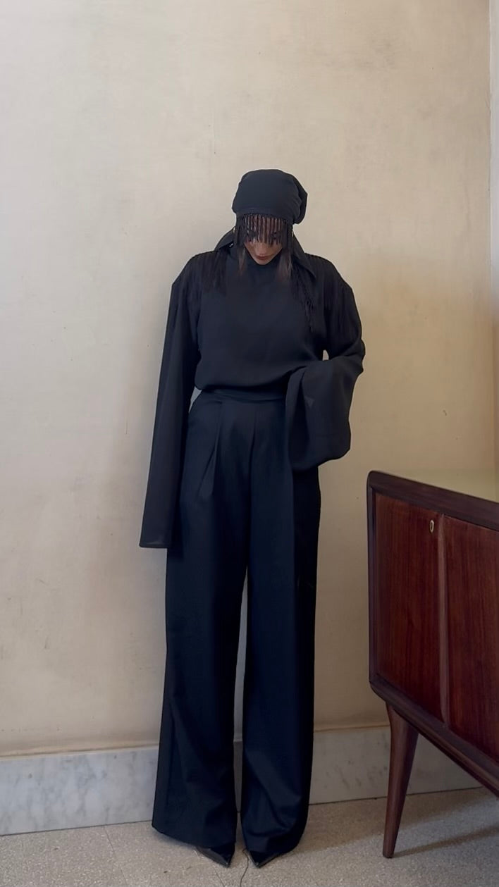 Guagliona - pantalone palazzo con frangie nero su nero 100% cotone