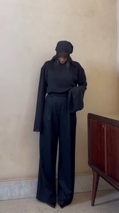 Guagliona - pantalone palazzo con frangie nero su nero 100% cotone