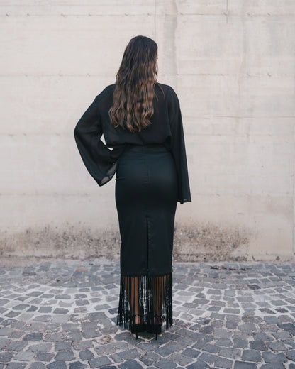 carme’- Gonna a tubino midi con frange  nero su nero 100% cotone