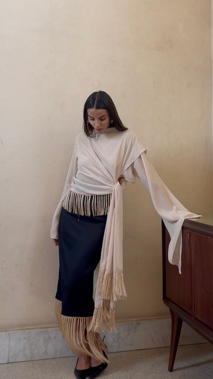 Crianza- Blusa fusciacca con frange avorio