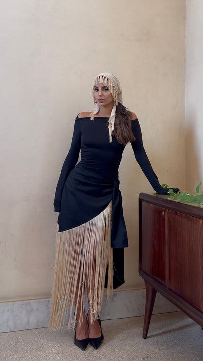 Reginella- minigonna  con maxi frange Nero/ Avorio 100% cotone
