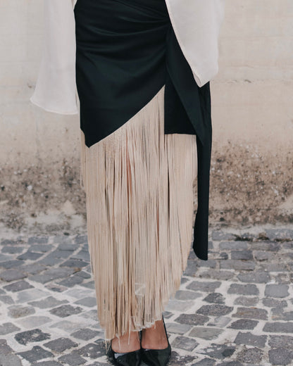 Reginella- minigonna  con maxi frange Nero/ Avorio 100% cotone