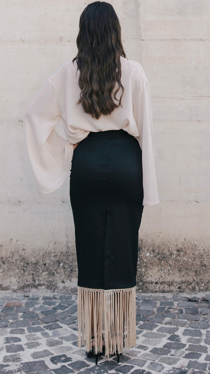 carme’- Gonna a tubino midi con frange  nero e avorio 100% cotone