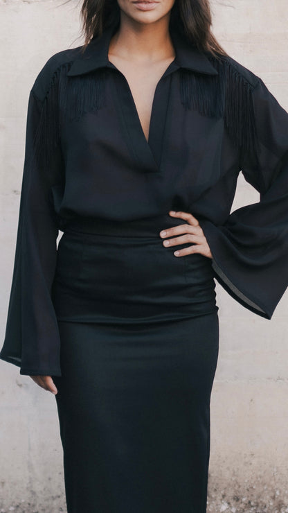 Anema - Camicia con frange sulle spalle Nero