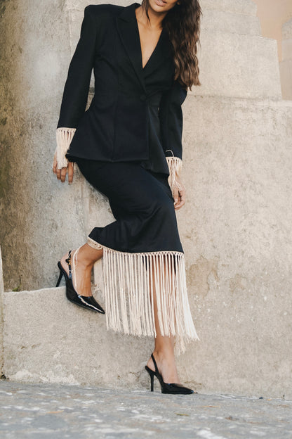 Carme’- Giacca con con frange  nero e avorio 100% cotone