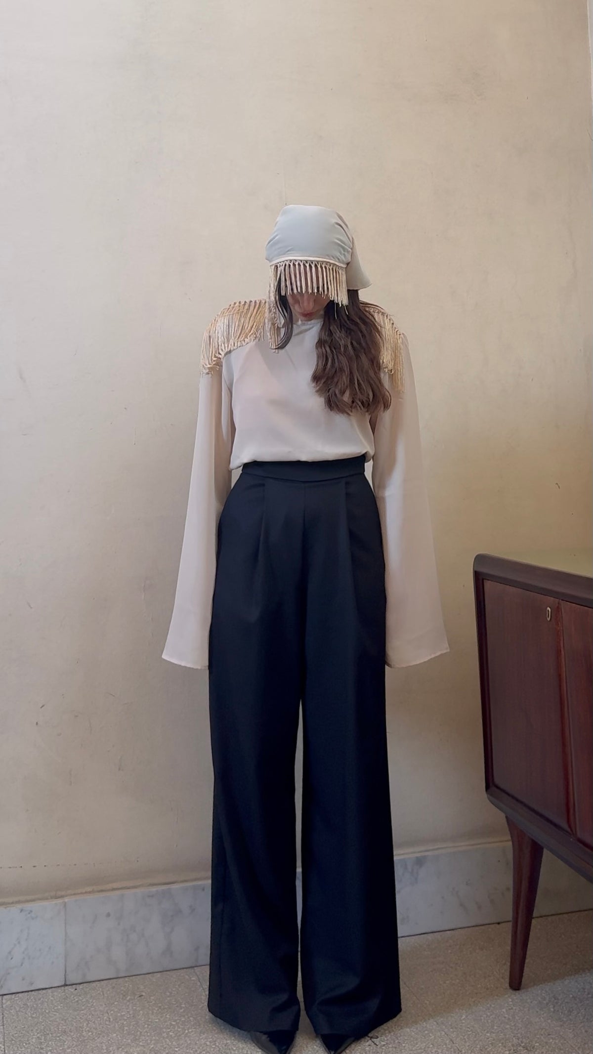 Guagliona - pantalone palazzo con frange nero e avorio 100% cotone