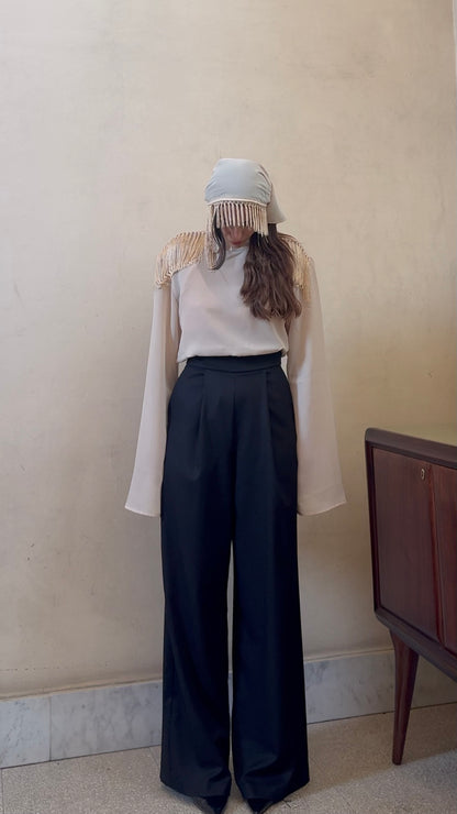Guagliona - pantalone palazzo con frange nero e avorio 100% cotone