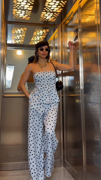 Completo top + Pantaloni Pois celeste e nero